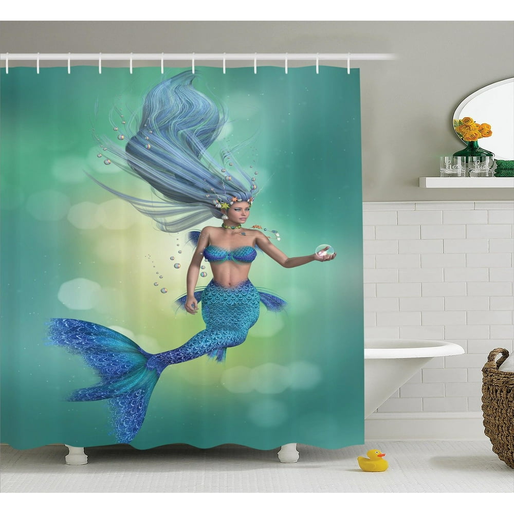 Mermaid Decor Shower Curtain Set, Mermaid Upper Body Of A Woman And The Tail Of A Fish For 