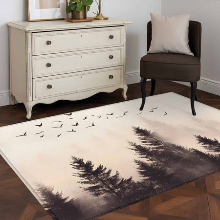 3 x5 Area Rugs Rustic Mist Forest Indoor Outdoor Area Rug for Living Room Bedroom Vintage Watercolor Natural Landscape Washable Bathroom Rugs Kitchen Floor Carpet Mats Home Decor Aesthetic
