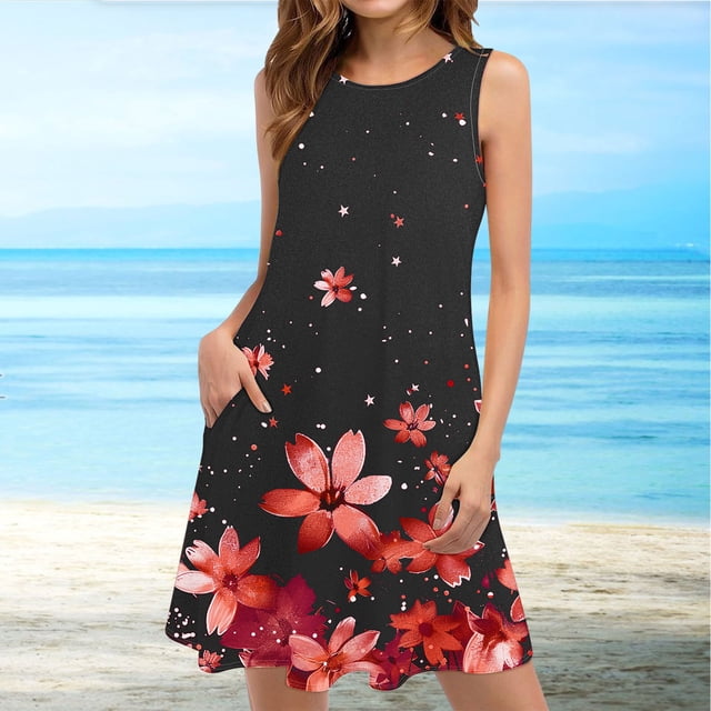 Ovzne Robes pour Femmes Robe Décontractée Ample d'Été Imprimée Sans Manches Col en V Ensemble Haut/chemise Grande Taille Maxi Robe Imprimée Liquidation