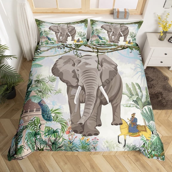 Wild Elephant Bedding Set Queen Tropical Jungle Comforter Cover, Green Botanical Plants Bed Set Safari Wild Animal Duvet Cover, Wildlife Theme Quilt Cover Green Gray White (Zipper Closure)