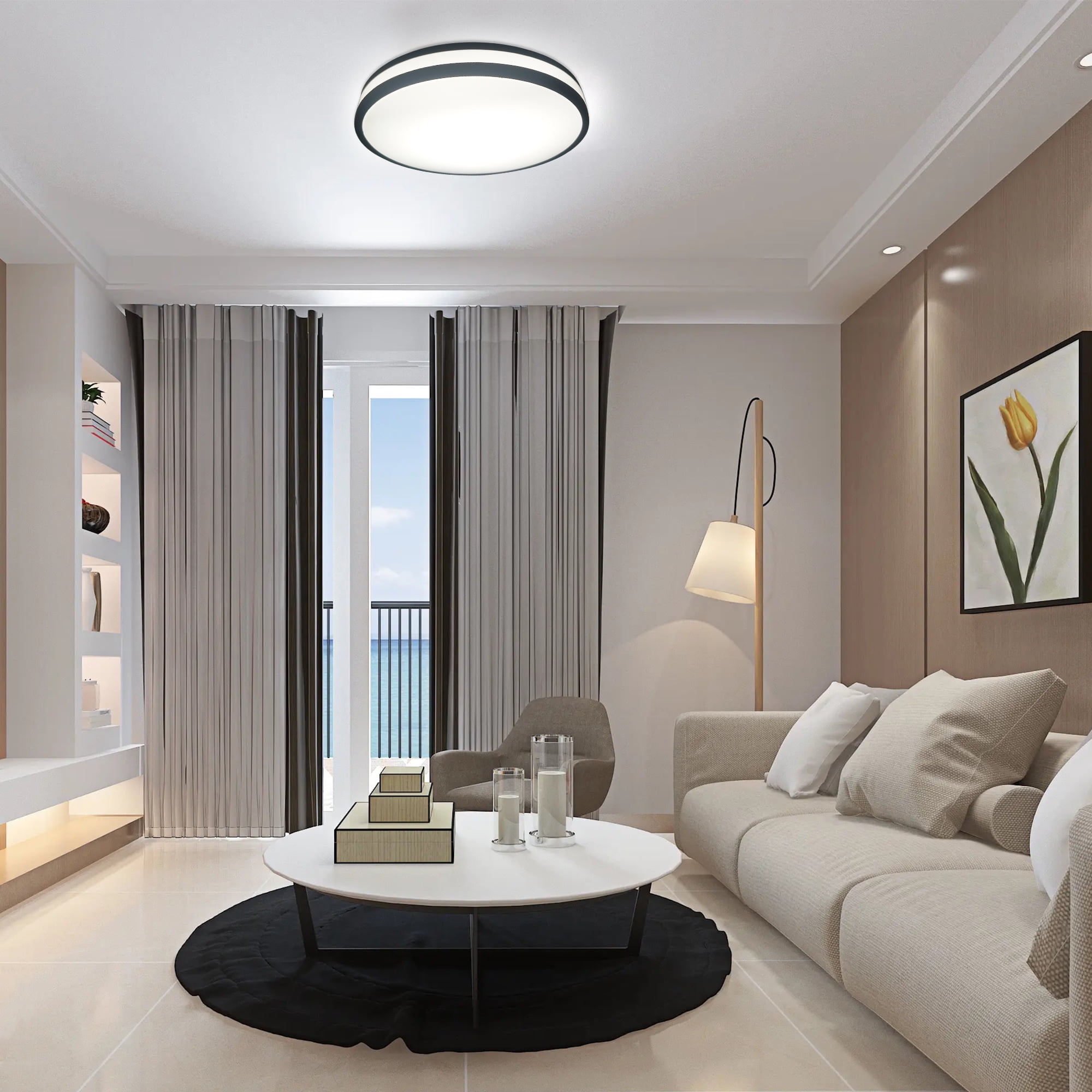 Modern Microwave Motion Sensor LED Flush Mount Ceiling Light Fixture With Remote Control, 13-Inch Round  Dimmable Ceiling Lamp,  For Kitchen, Living Room, Bedroom, Garage,  Hallway,  4000K Cool White