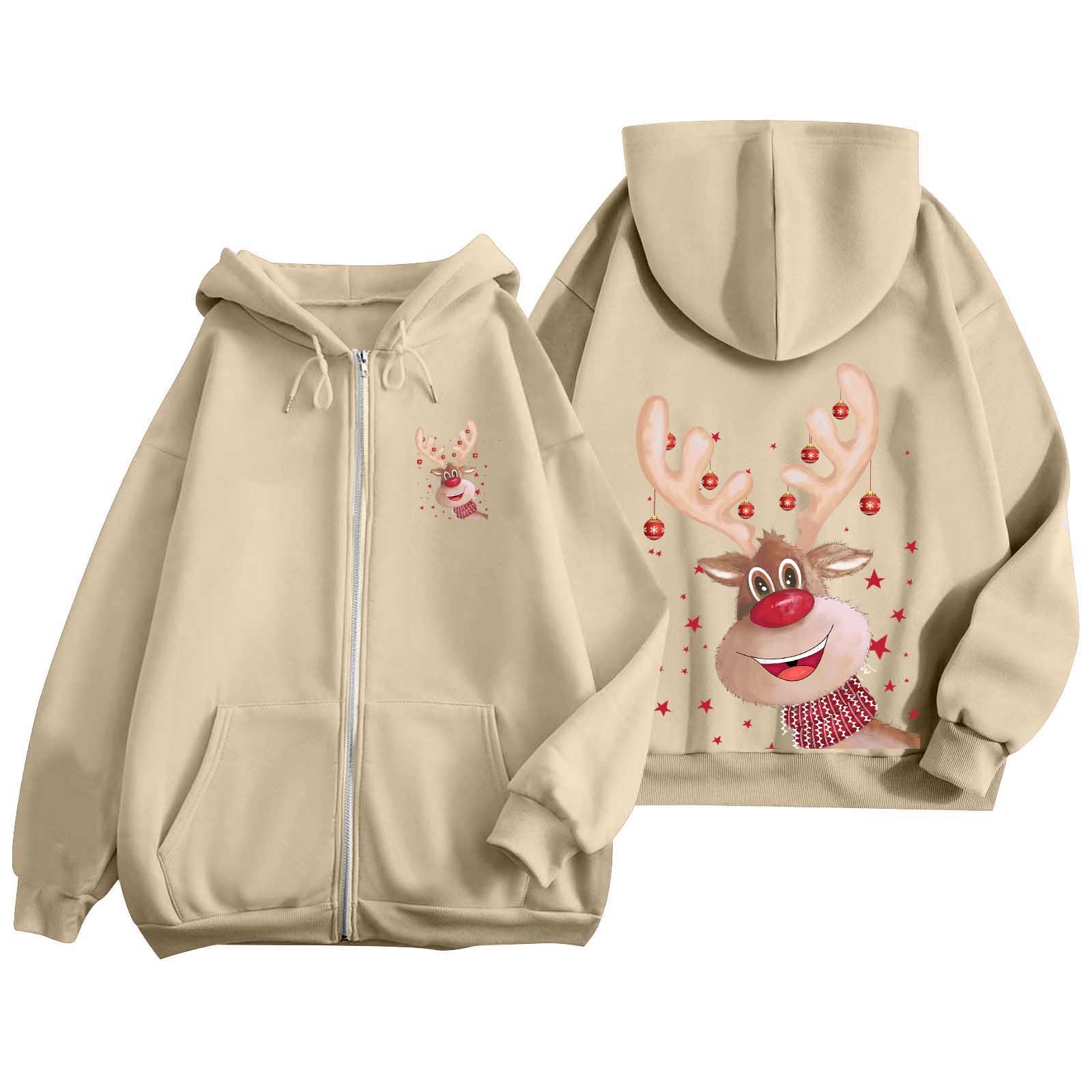 Ugly Christmas Hoodies for Women Zip Up Xmas Graphic Print Fleece Hooded Sweatshirts Funny Holiday Party Casual Jackets