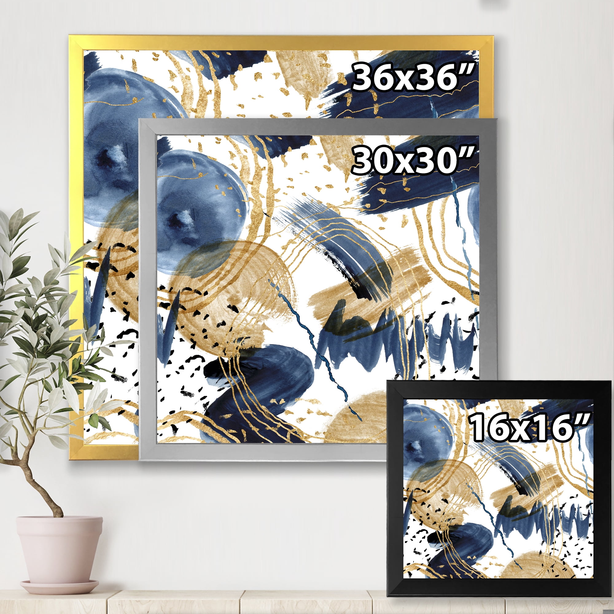 Designart 'Dark Blue & Golden Textures With Abstract Pattern' Modern Framed Art Print