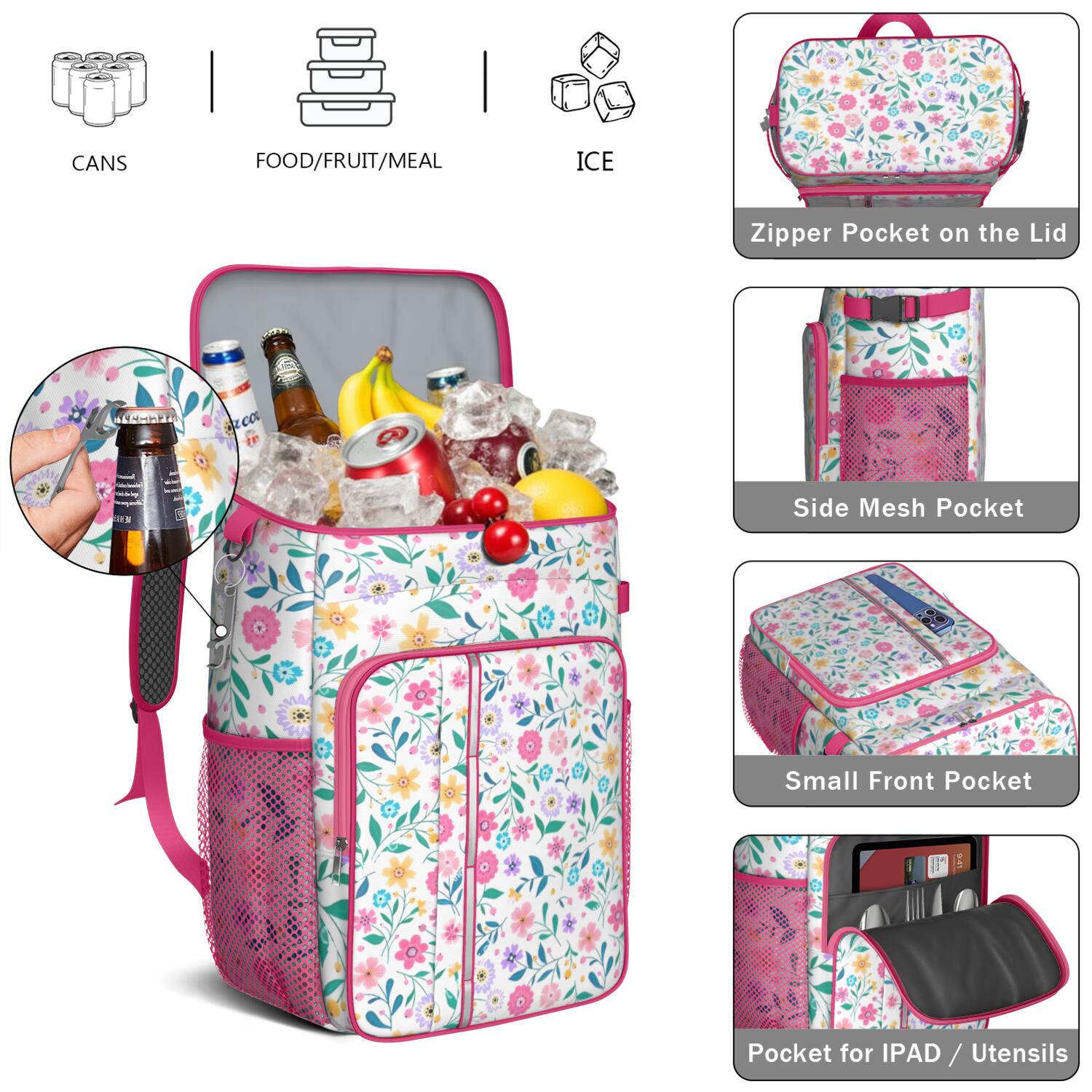 Travel Cooler Bag - Pioneer Flower Floral Print Pattern Camping Beer Cooler Backpack with Bottle Opener- Waterproof Insulated Picnic Backpacks - Cooler Bag for Beach