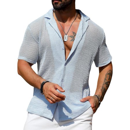 

KDJ Men Short Sleeve Shirts Beach Hollow Out Breathable Knitted Tops Sexy Streetwear