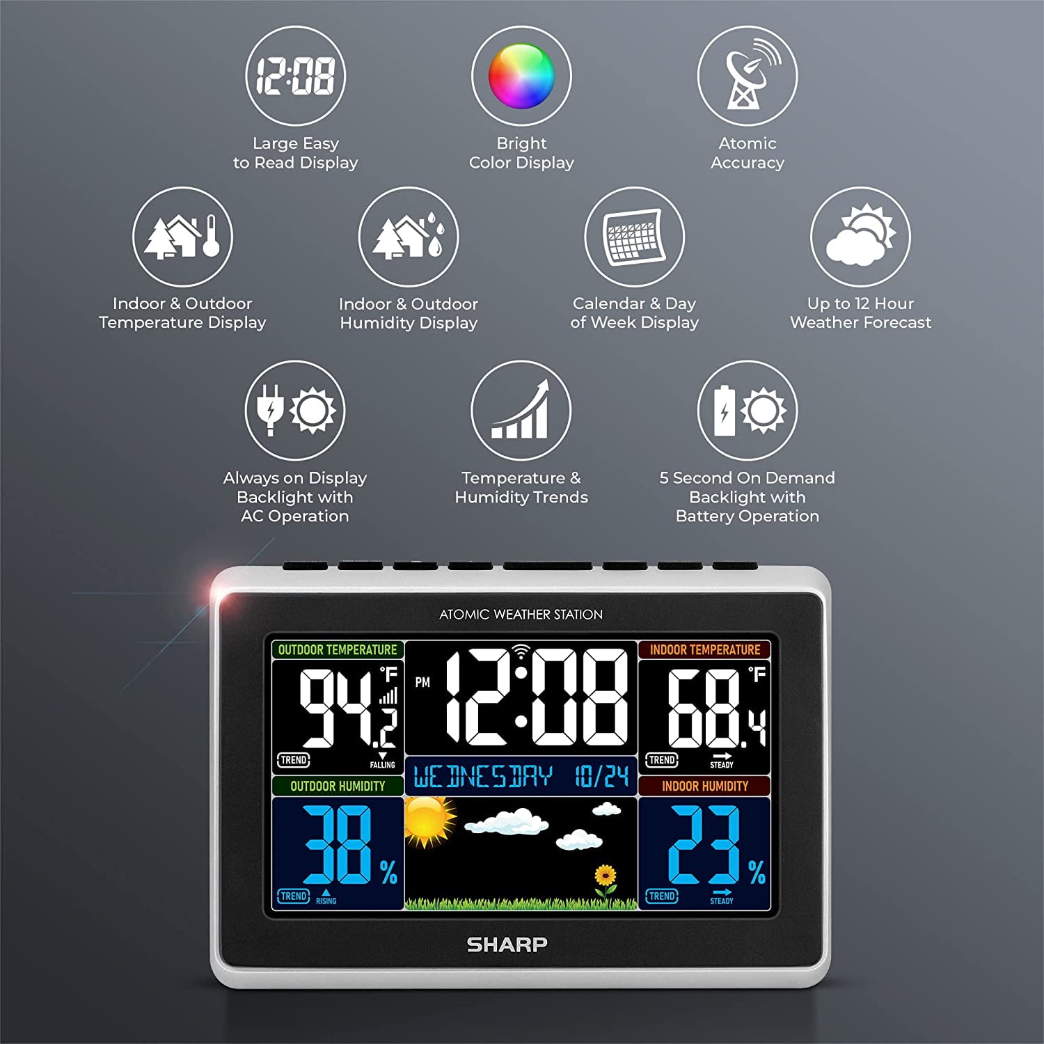 SHARP Atomic Weather Station with Wireless Technology, 5-Function, with Outdoor Sensor