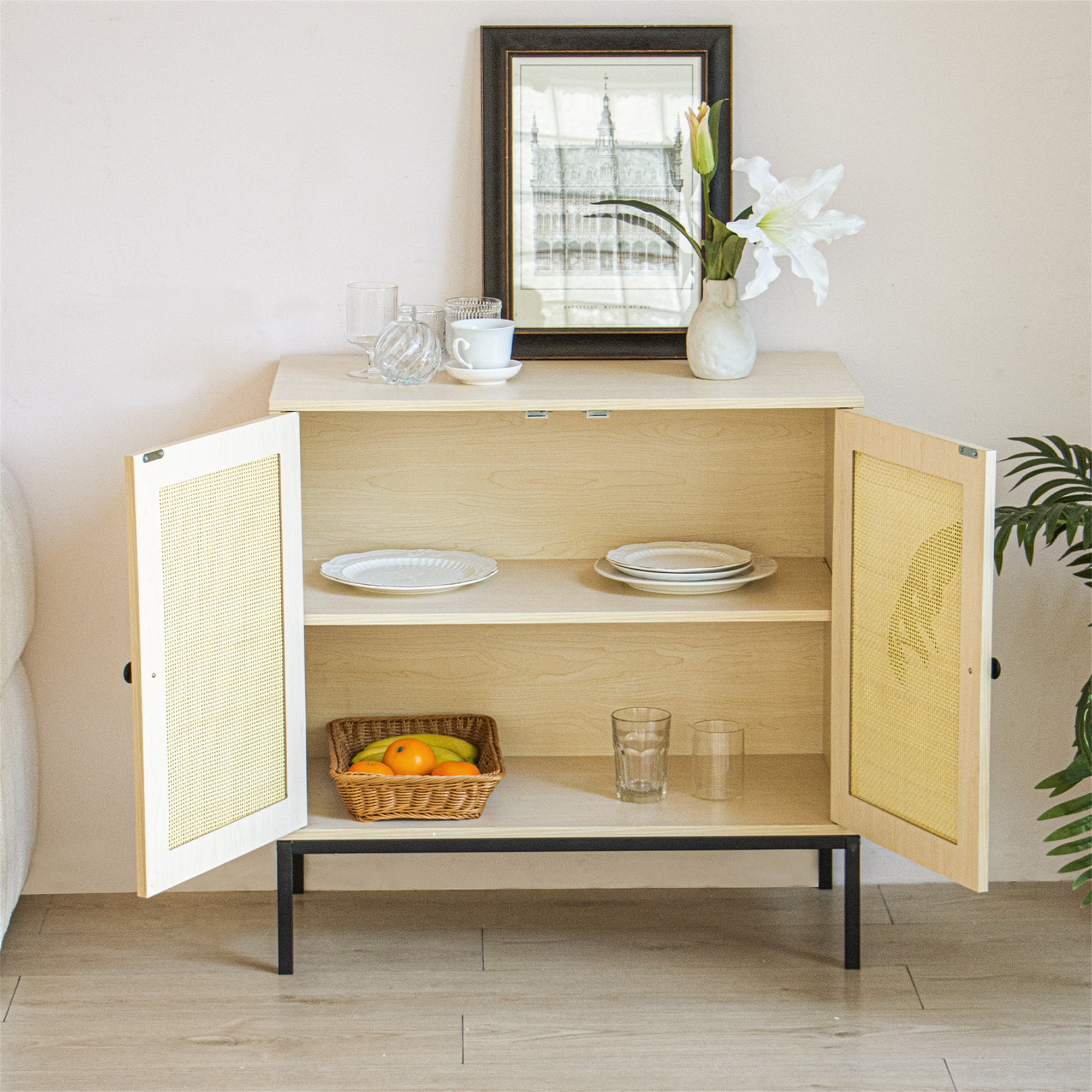 Kepooman 31.5" Tall 2 - Door Kitchen Storage Cabinet with 2 Rattan Doors and Metal Legs, Entryway Sideboard for Living Room, Natural Wood Kepooman 31.5" Tall 2 - Door Kitchen Storage Cabinet with 2 Rattan Doors and Metal Legs, Entryway Sideboard for Living Room, Natural Wood