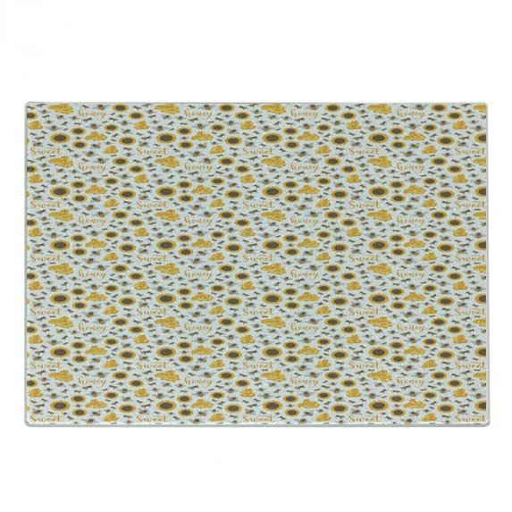 Honeycomb Cutting Board, Sunflowers Bees Honey and Text Summer Season Pattern, Decorative Tempered Glass Cutting and Serving Board, in 3 Sizes, by Ambesonne