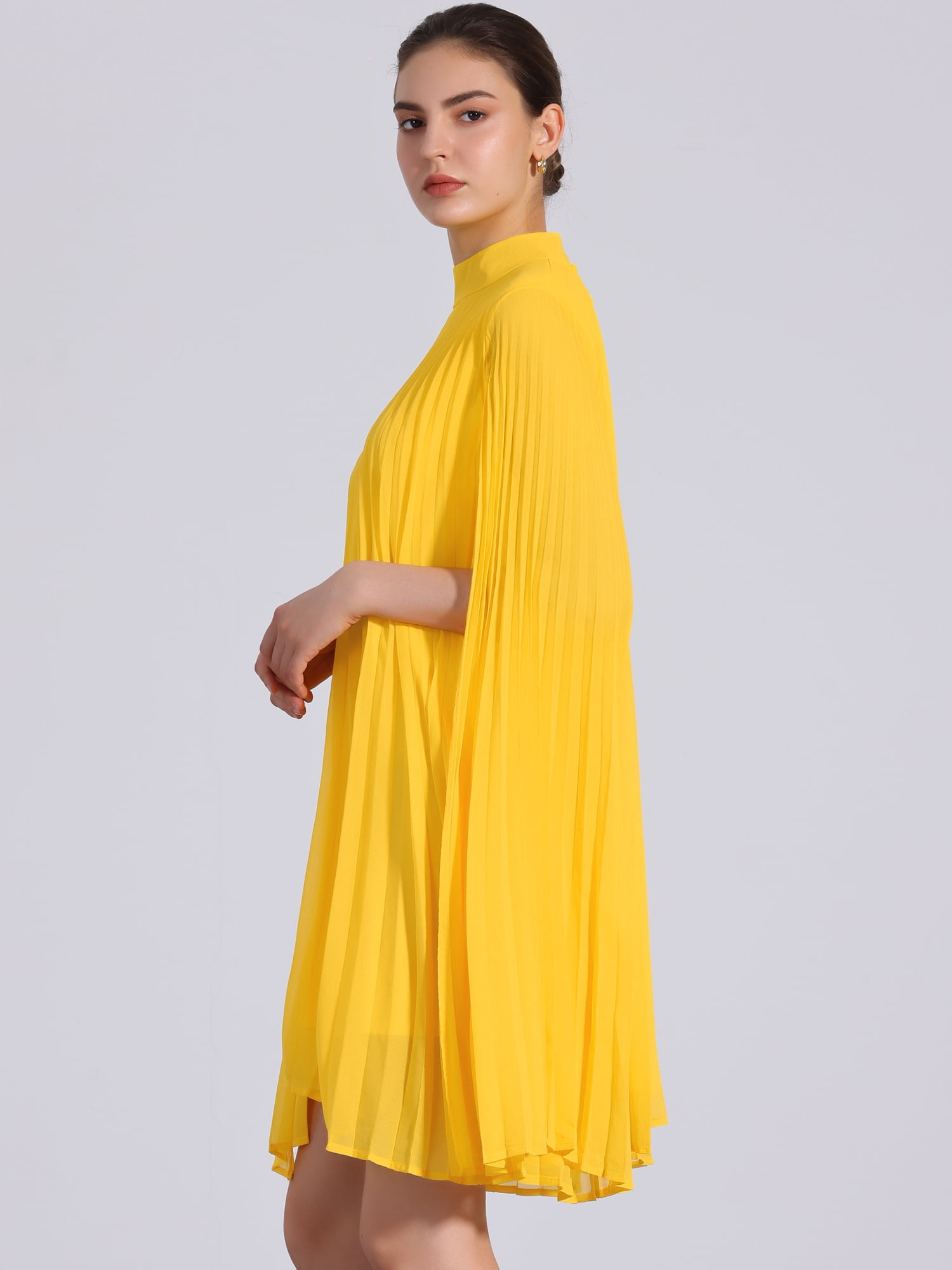 DARING DIVA Flowy Cloak Sleeve Cape Pleated Chiffon Dress XL Yellow