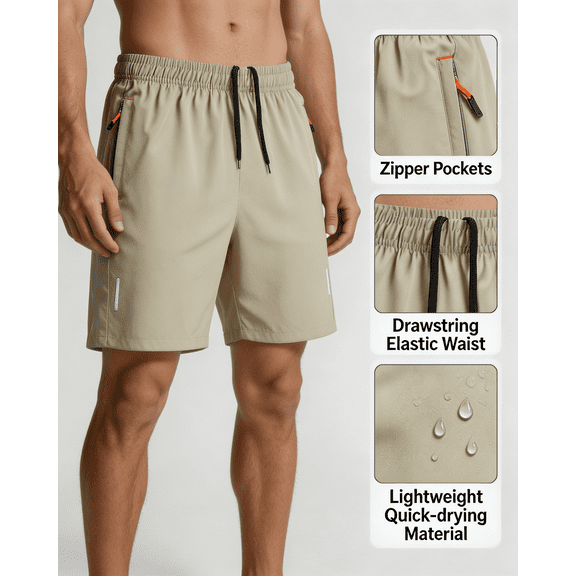 LONKITO Summer Mens Shorts Elastic Waist Lightweight Running Shorts with Zipper Pockets for Casual Athletic Beach, Size L