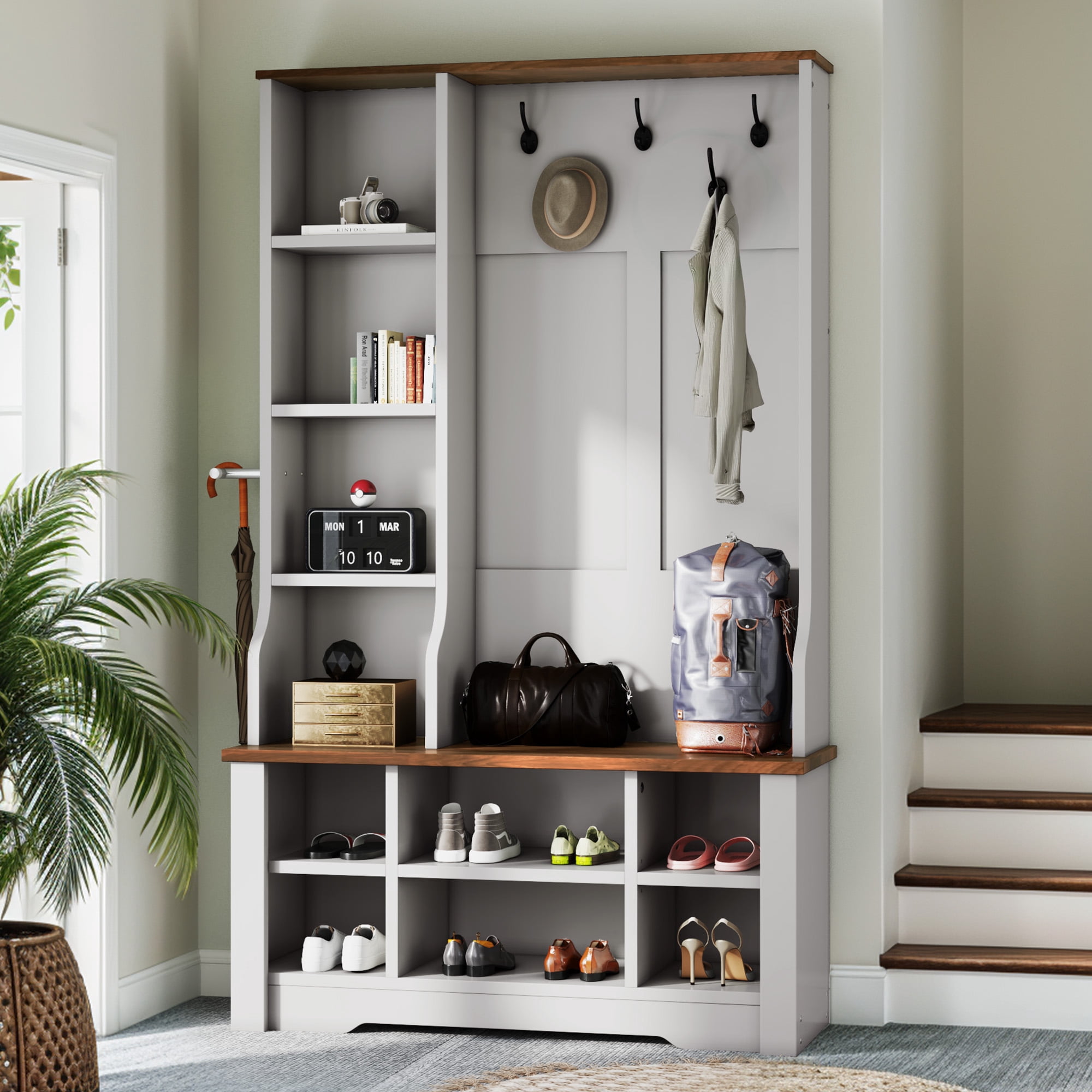 Uforic White Hall Tree with Shoe Storage, Coat Rack with Bench for Entryway, Adjustable Shelf