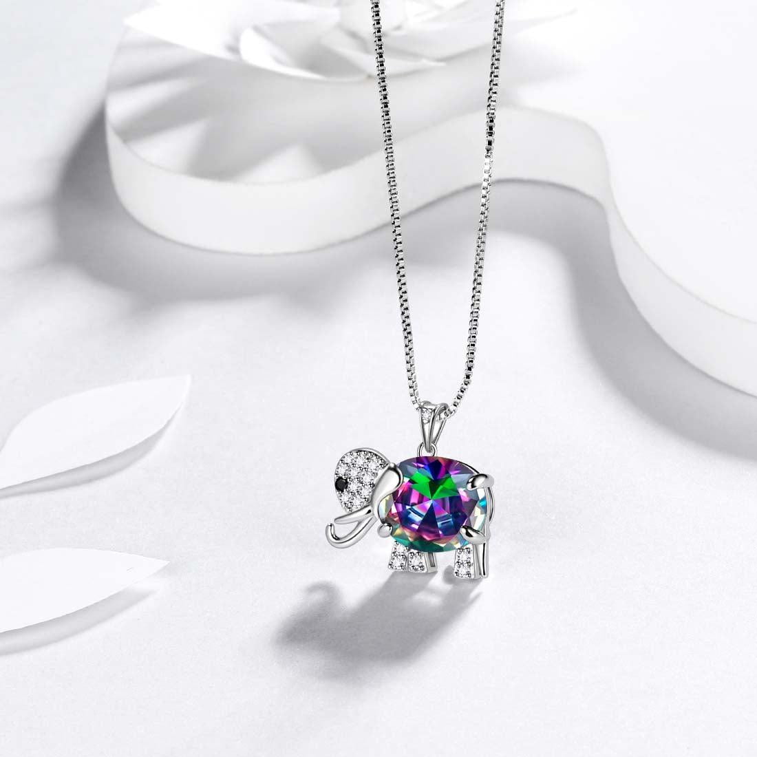 Juwaliy Elephant Necklace Crystal Rainbow Mystic Topaz Charm 925 Sterling Silver Pendant Jewelry Women Daughter Wife Mother Christmas Birthday Gifts
