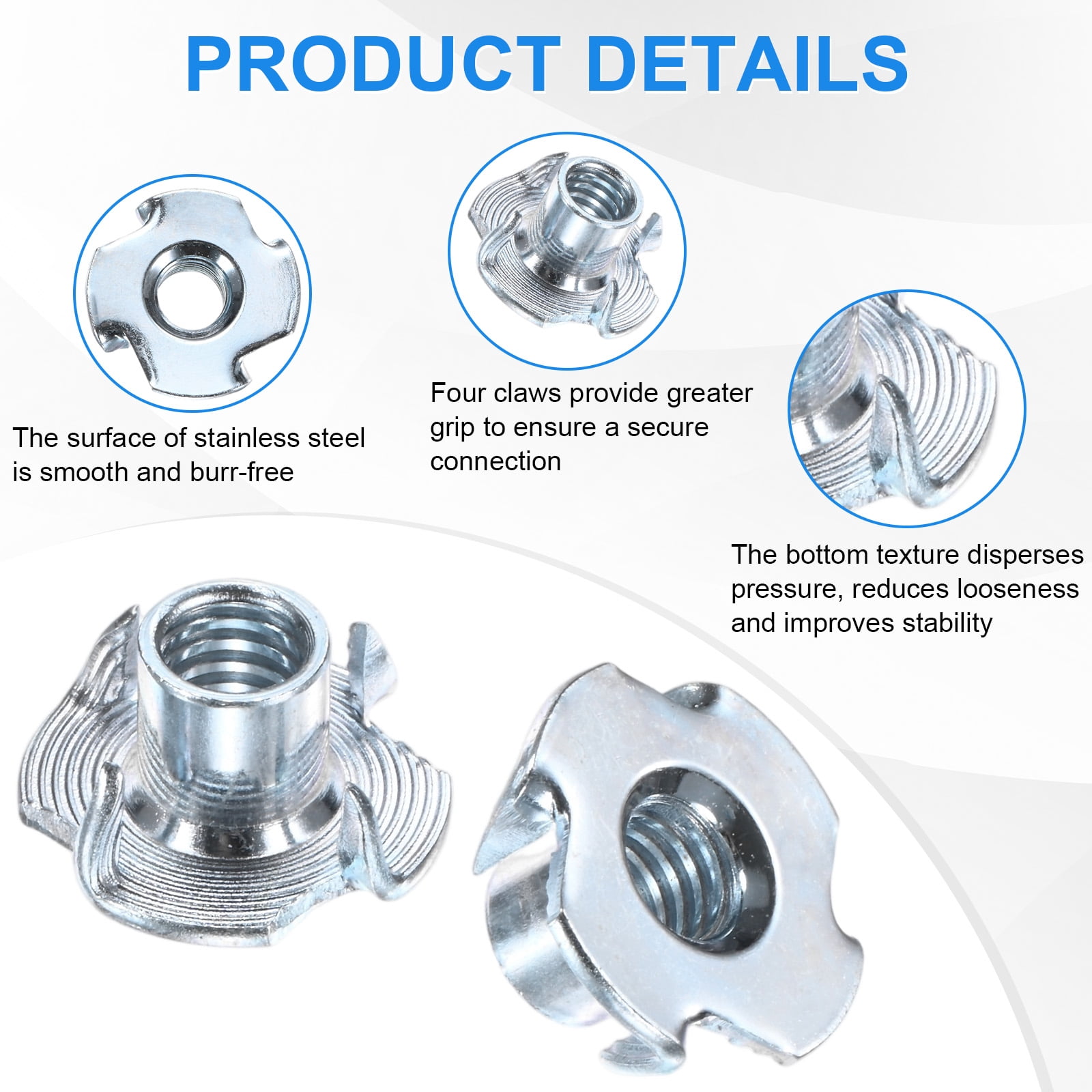 Uxcell 100-Pack 5/16-UNC T-nut, 3/8" Barrel Length Carbon Steel4-Pronged Tee Nut Threaded Insert Corrosion Resistant Fasteners