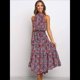 thumbnail image 4 of Vestido Bohemio de Verano para Mujer, Sin Mangas, con Estampado de Lunares, Cuello Halter, Volantes, Dobladillo y Cinturón Azul y Rojo M, 4 of 7