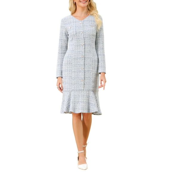 INSPIRE CHIC Women's Bodycon Mermaid Dress Tweed Long Sleeve Elegant Cocktail Fishtail Dresses S Light Blue
