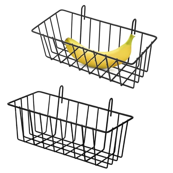 Tutuviw Wire Baskets 2 PCS No Drilling Storage and Display Basket 9x3.9x3 Inches Hanging Wire Basket for Wall Grid Panel Organizing Kitchen Home Decor Grid Wall Accessory (Black)