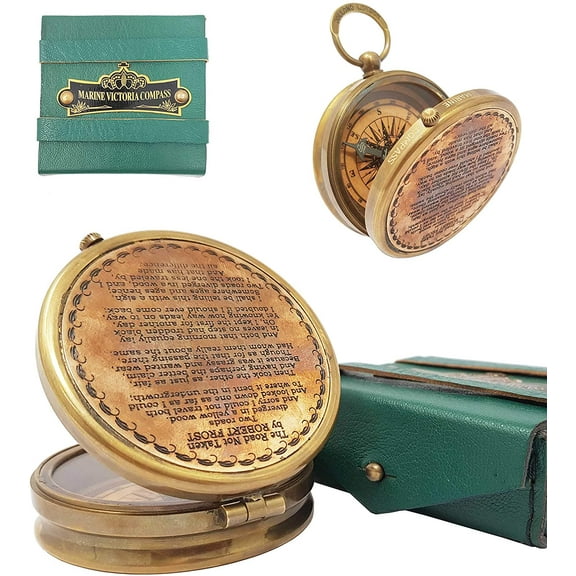 2.75" Antiqued Brass Poem Compass with Leather Case (Ocean Green) "The Road Not Taken"