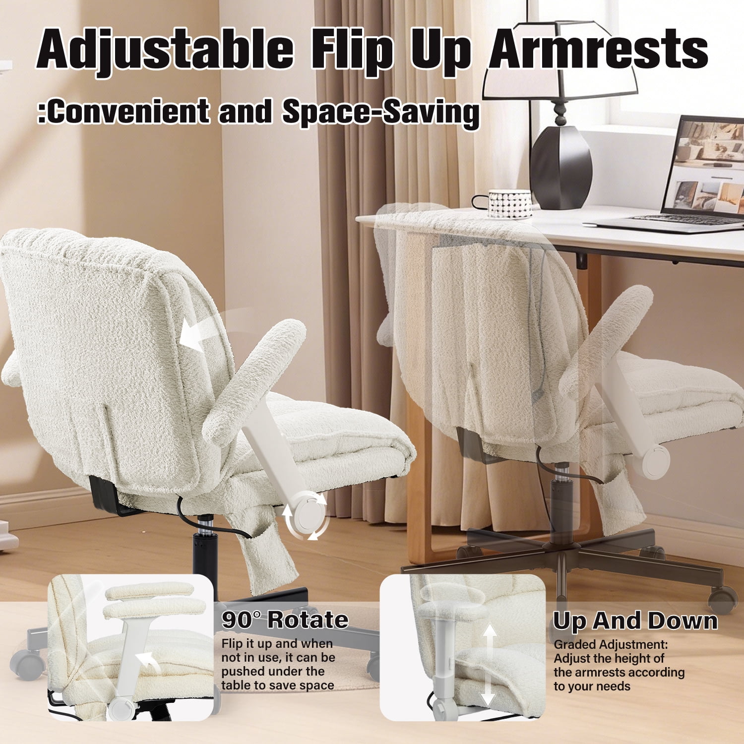 Criss Cross Chair with Dynamic Lumbar Support, Fabric Cross Legged Office Chair with Flip Arms and Wheels, Wide Swivel Vanity Chair for Home Office, Study, Makeup Room