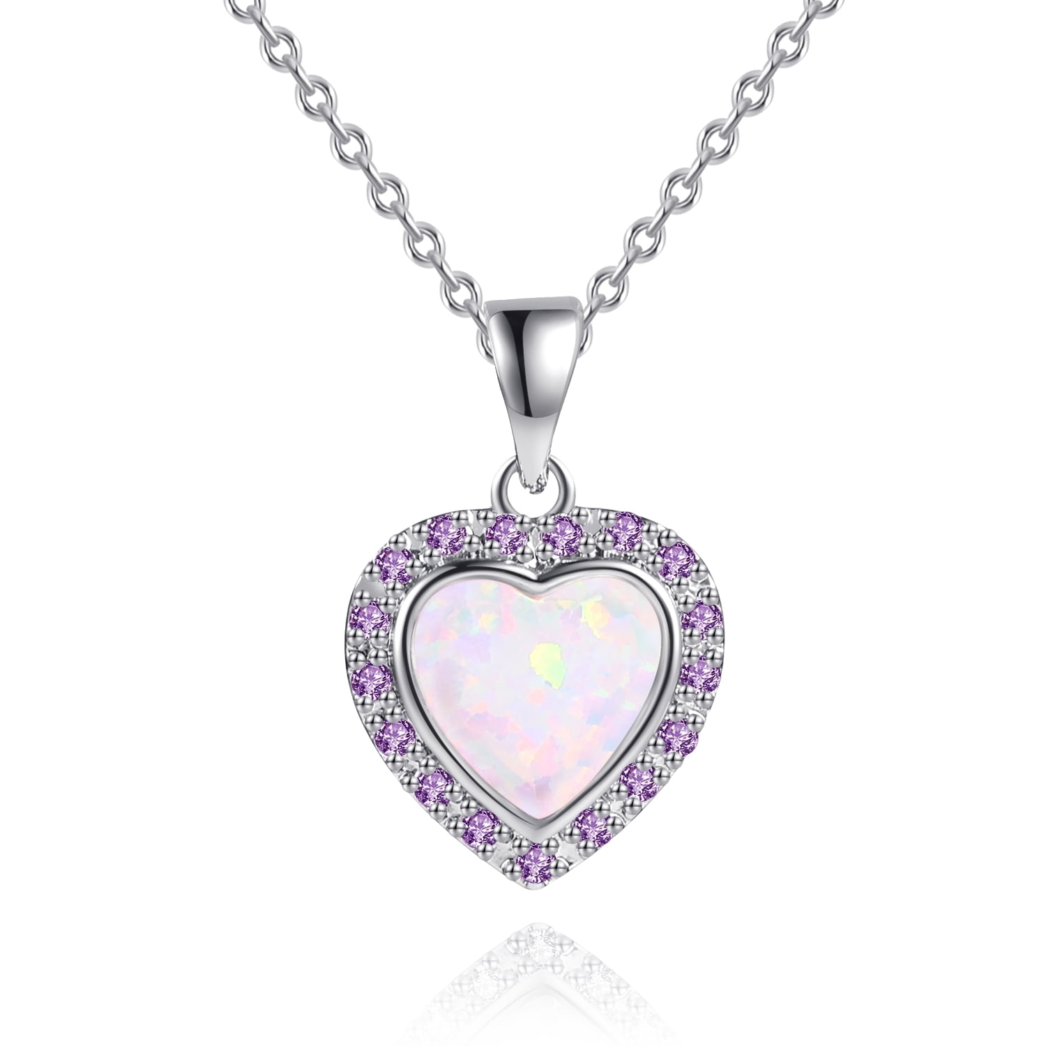 Peermont 3 Carat Fire Opal Amethyst Heart Necklace In Rhodium
