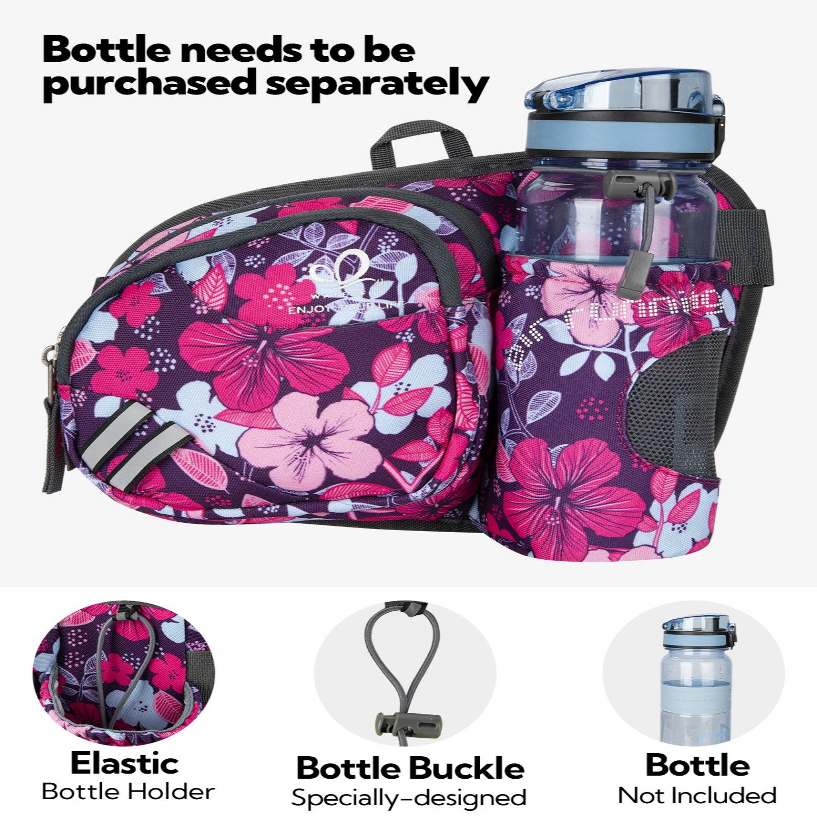 WATERFLY Unisex 3.5L Nylon Fanny Packs with a Water Bottle Holder Travelling Hiking Walking,Purple flowers
