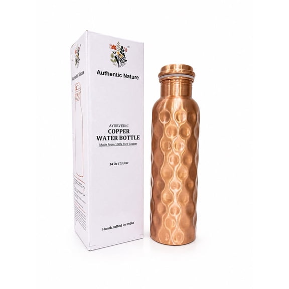 Authentic Nature Ayurvedic Copper Water Bottle, Pure Copper, 1 Litre/34 Oz, Diamond Design, With Health Benefits, Handcrafted in India