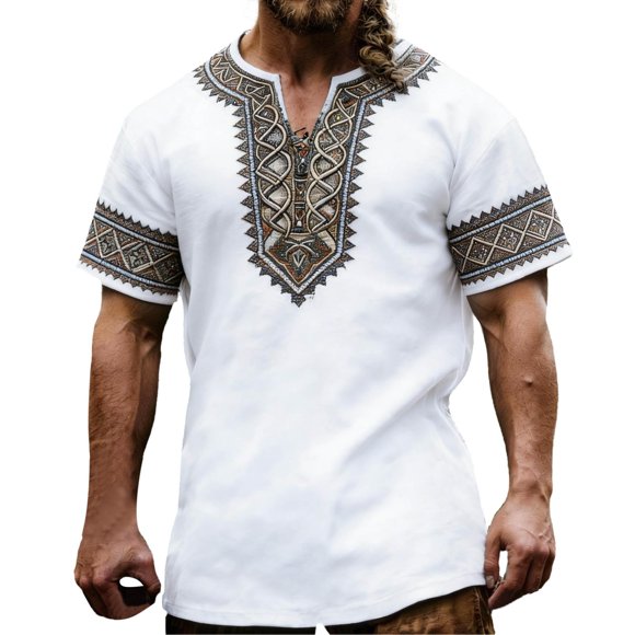 Medieval Viking T-Shirt for Men Ethnic Printed Summer Boho Short Tee Retro V Neck Cotton Linen Beach Hippie Shirt