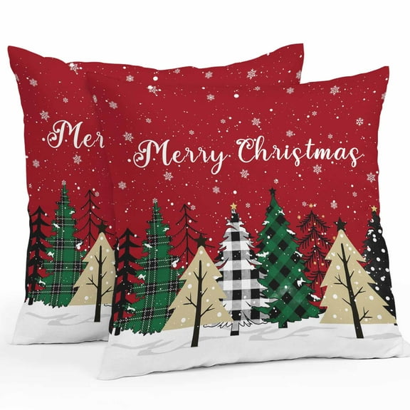 Outdoor Throw Pillows Covers 18X18 Set of 2 Waterproof Red Merry Christmas Decorative Zippered Cushion Covers for Patio Furniture, Green Christmas Tree Lumbar Pillowcases White Snow Forest Winter