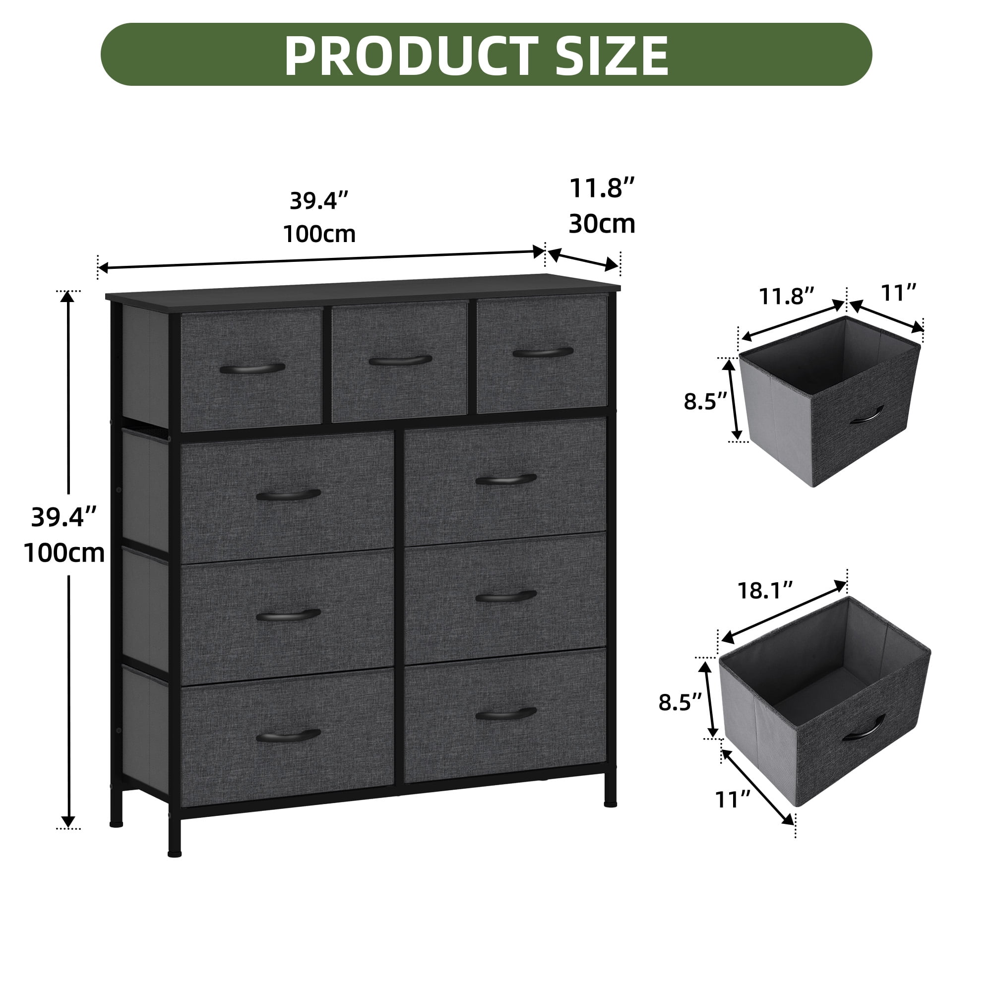 Uforic 9 Drawer Fabric Storage Dresser with Steel Frame for , Living Areas, Hallways, Closets, and Offices, Black Gray