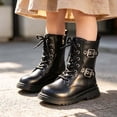 thumbnail image 2 of Girls Leather Ankle Boots Combat Buckles Boots with Side Zipper Lace Up Riding Boots Comfort Round Toe Chunky Heel Boots Non-slip Lug Sole Motorcycle Boots for Little Kid Black 37, 2 of 9