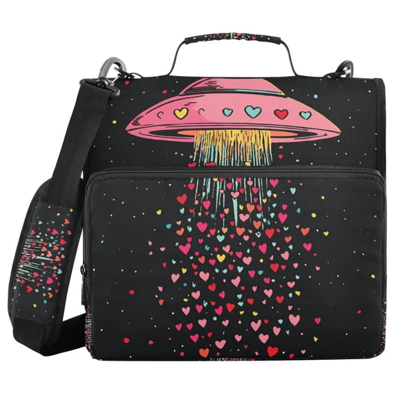 FORMRS Zipper Binder with Shoulder Strap 2-inch Ring 500 Sheet Capacity File Bag, UFO with Hearts Pattern