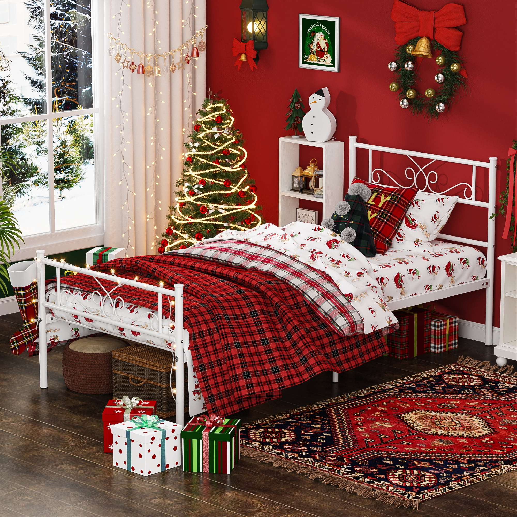 Yoneston Twin Size Metal Platform Bed Frame with Headboard, 12.7” Single Bed Frame for Kids, Teens, Adult Bedroom Furniture, White