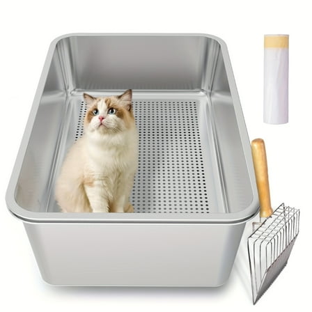 Stainless Steel Sifting Litter Box for Wood Pine Pellets, Large Sifter Litter Pan System for Small Cats Odor Control Easy Clean, Includes Liners and Metal Scoop, Durable Design