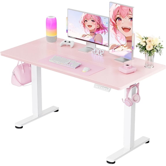 Height Adjustable Electric Standing Desk, 48 x 24 Inches Sit Stand up Desk, Memory Computer Home Office Desk, Pink