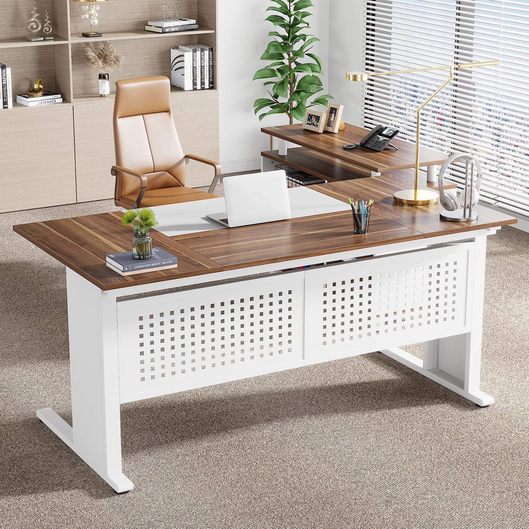 Tribesigns 63 Inch Executive Desk with File Cabinet, L Shaped Computer Desk with Drawers and Storage Shelves, Large Office Desk Business Furniture Desk Workstation for Home Office, Walnut and White