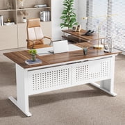 Tribesigns 63 Inch Executive Desk with File Cabinet, L Shaped Computer Desk with Drawers and Storage Shelves, Large Office Desk Business Furniture Desk Workstation for Home Office, Walnut and White