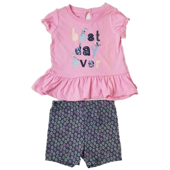 Girls Best Day Ever Pink Bird Shirt & Flower Short Outfit Set Medium