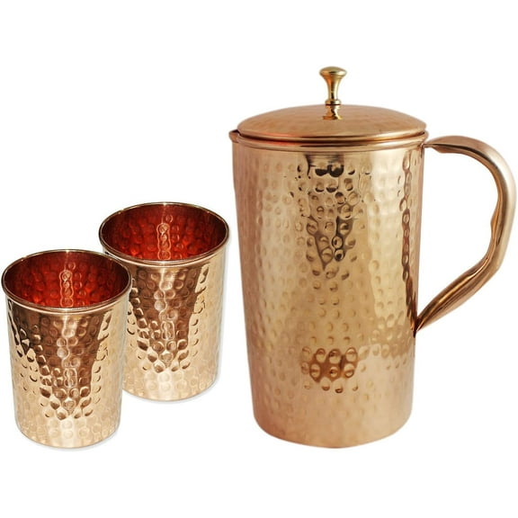 Indian Pure Copper Hammered Jug with 2 Tumbler Glass Set for Ayurvedic Healing