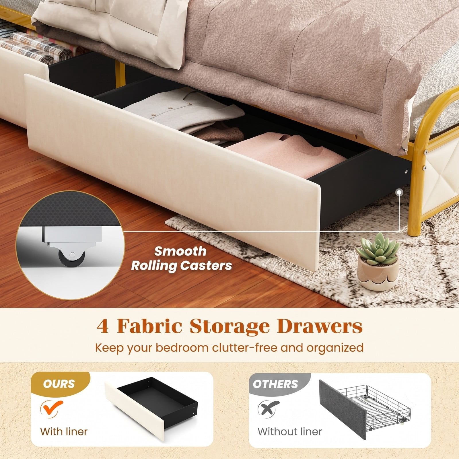 Furnibear Queen Size Bed Frame with LED Lights Charging Station 4 Drawers and Upholstered Headboard, Queen Platform Bed Frame for Bedroom, Gold