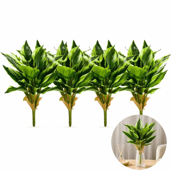 Tutuviw 4 Pcs Artificial Halcyon Hosta Perennial Greenery Plants 17.7in Faux Green Dieffenbachia Plant Greenery Aesthetic House Plants Shrubs for Outdoor Indoor Yard UV Resistant Planter Filler