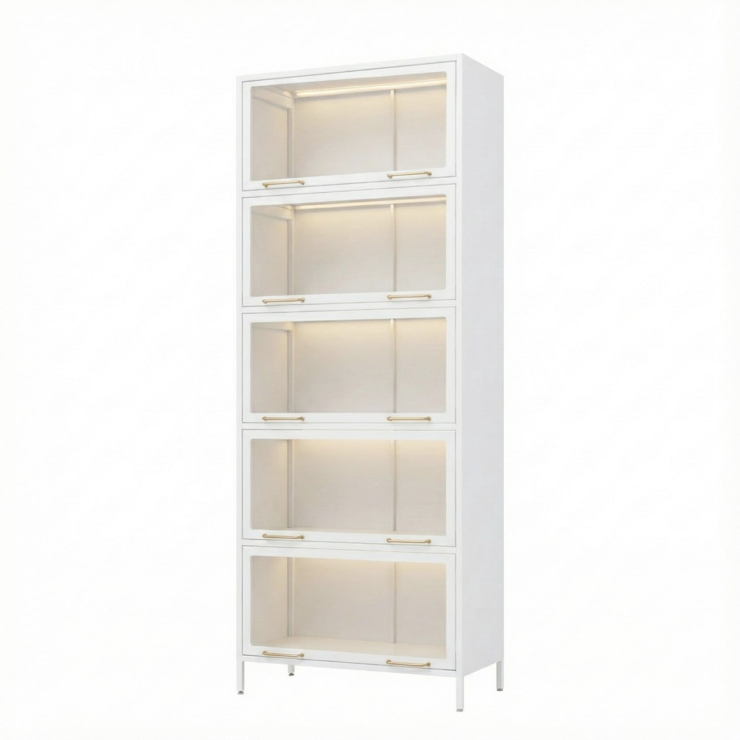76.75" Tall Glass Display Cabinet with LED Lights, 5 Tier Iron Barrister Bookcase with Glass Doors, Modern Curio Cabinet for Collectibles Books Trophies Living Room Office Study, White