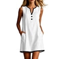 thumbnail image 3 of VBVC Women's Crew Neck Sleeveless Shift Dress,Color Block Trim Tunic Dress For Women,Ladies' Casual Button Detail Mini Dress with Pockets,White,S-2XL, 3 of 7