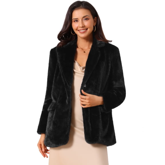 DARING DIVA Women's Faux Fur Coat Open Front Notch Lapel Jacket S Black