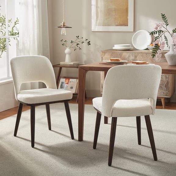 Upholstered Dining Chairs with Solid Wood Frame, Padded Seat & Curved Back, Chenille Accent Chairs for Dining Room, Kitchen, Living Room, Beige, Set of 2
