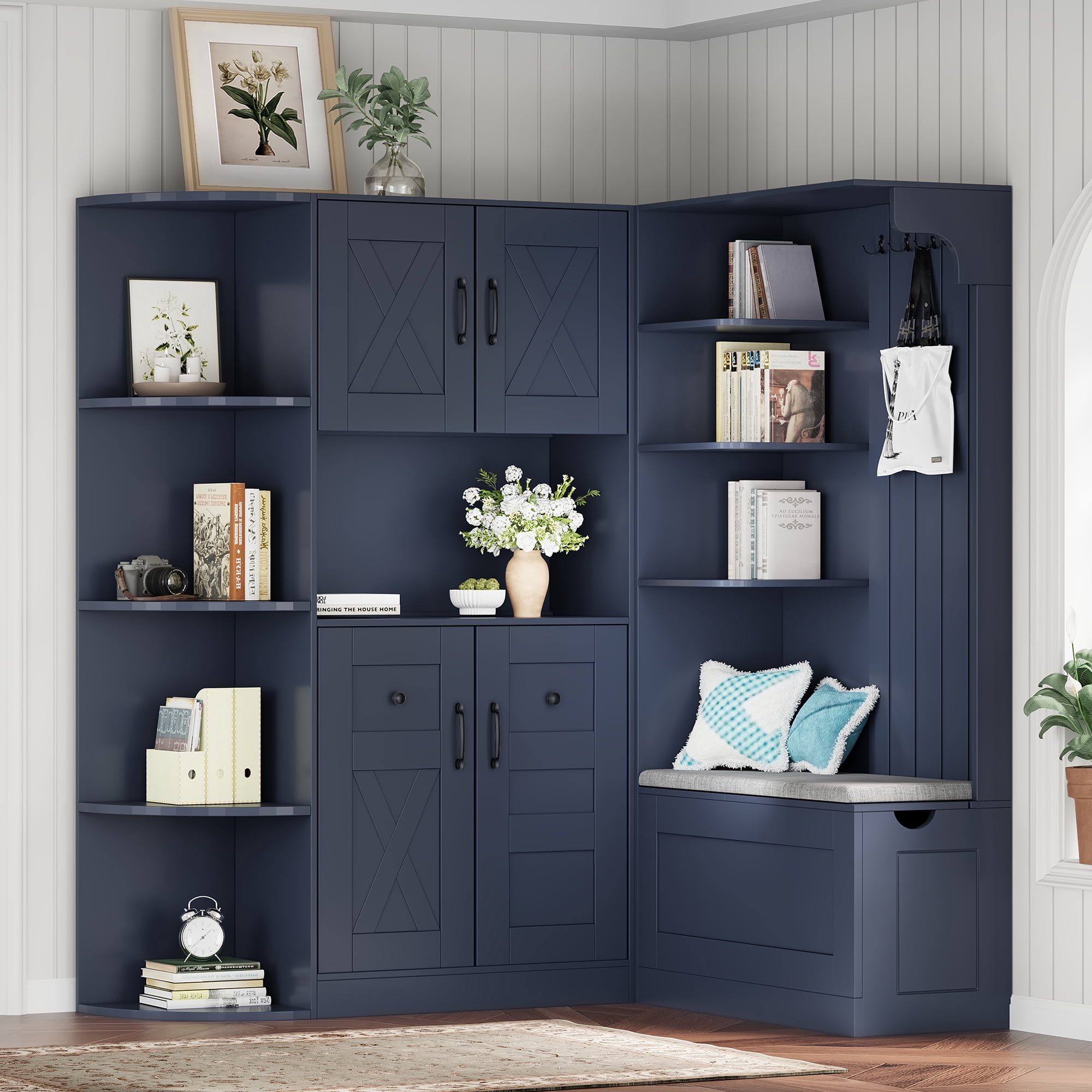 T-Foyer Farmhouse Antique Blue Detachable Hall Tree with 4 Hooks & Bench, Wooden Rustic Entryway Organizer with Open Storage & 2 Cabinets