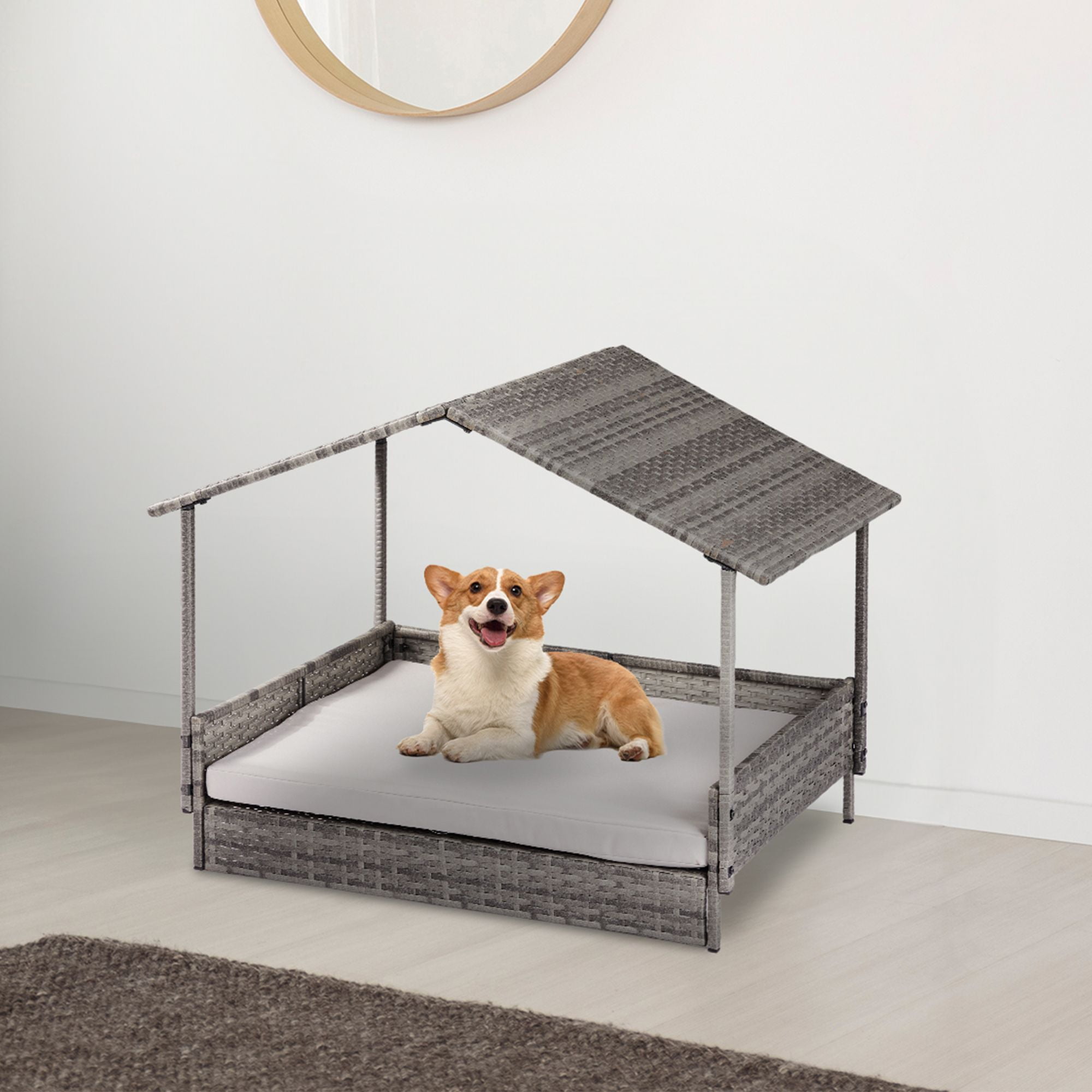 Kadyn 38" Elevated Rattan Dog Bed Pet Sofa with Canopy and Washable Cushion Cover, Wicker Dog House for Small, Medium Dogs, Gray