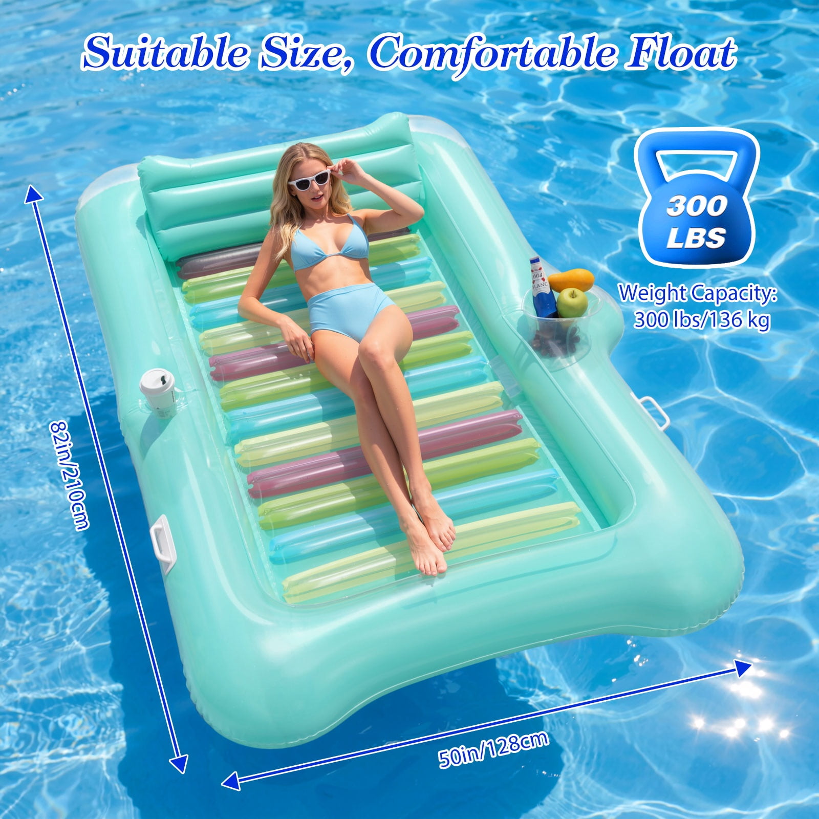 MoKo Inflatable Tanning Pool Lounger Float Adults, Large Pool Floaties Rafts for Adults with Headrest Drink Holder Sun Tanning Floats for Swimming Pool Lake River Beach Blow Up Floats, Mint Green