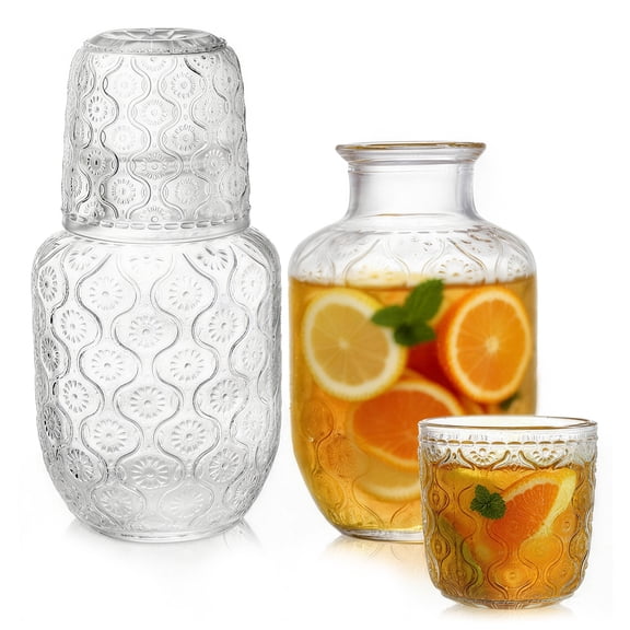 Vintage Bedside Water Carafe Set with Glass, 18.2oz Glass Pitcher and Cup Set for Nightstand, Aesthetic Clear