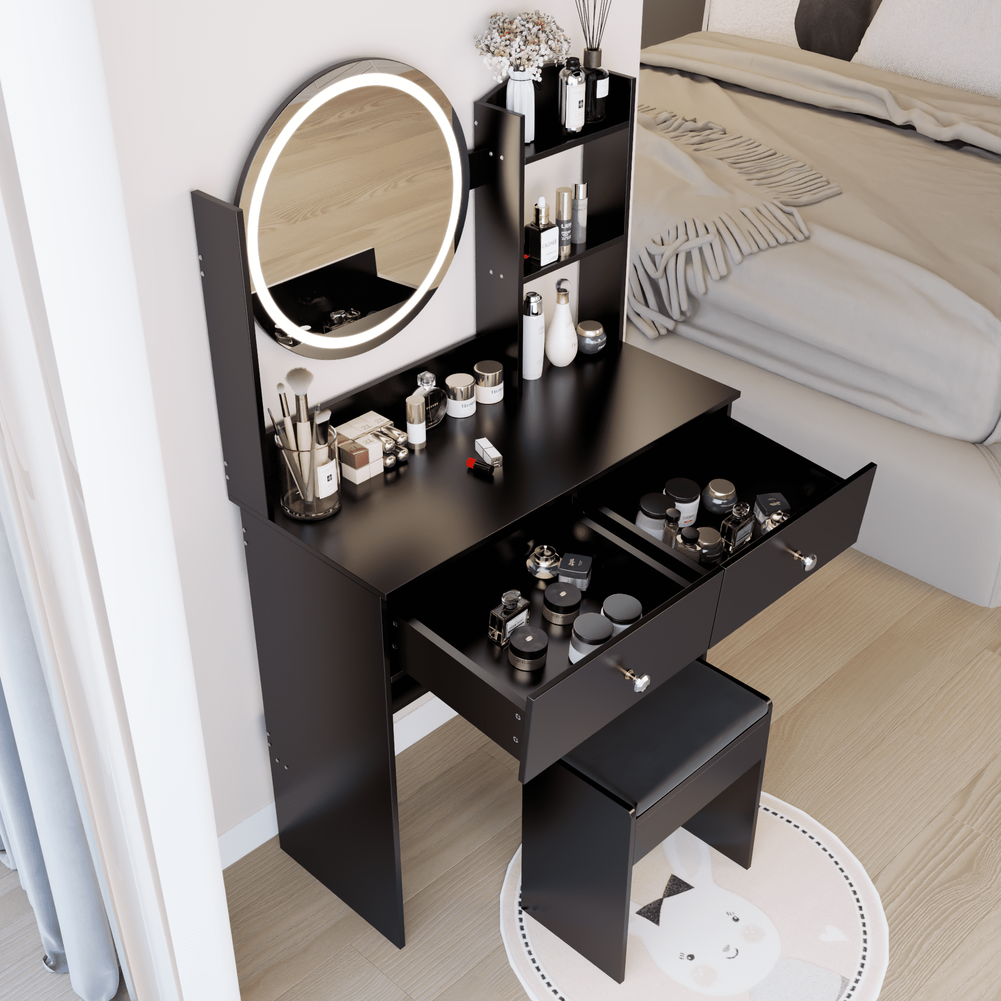 Leumius Makeup Vanity Desk with Mirror and Lights,Dressing Table with 2 Drawers,3 Color Lighting Brightness,Multi-layer High Capacity Storage Makeup Table for Bedroom,Black