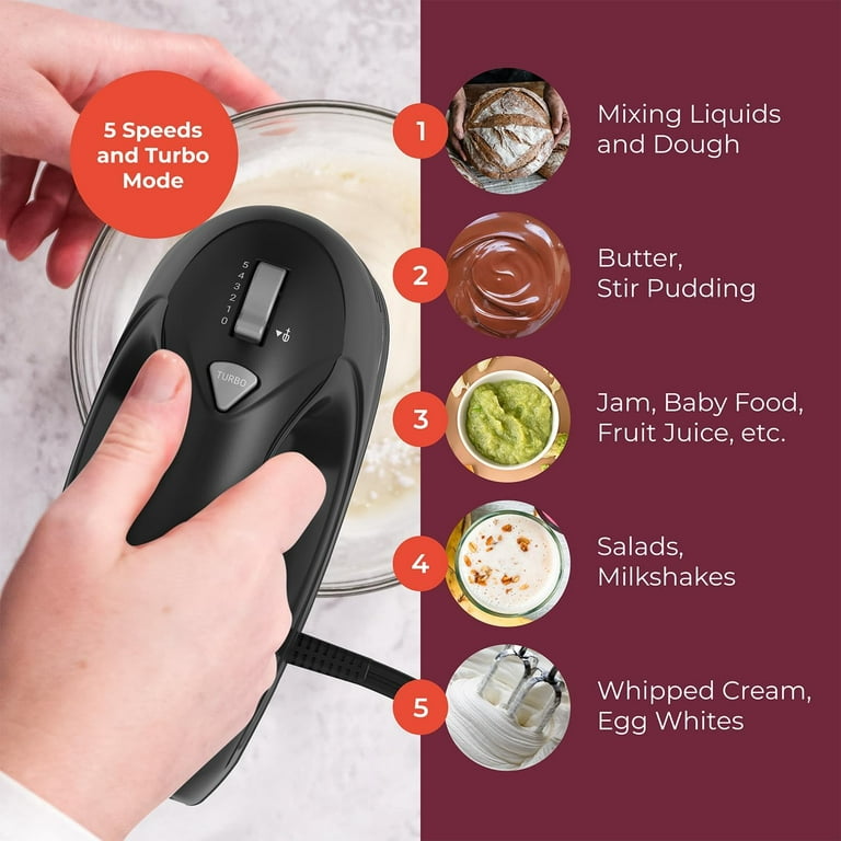 REDMOND Hand Mixer Electric, 5-Speed Hand Mixer with Measuring Storage  Case, Kitchen Handheld Mixer Includes Dough Hooks, Eggs 250W Hand Mixer  with