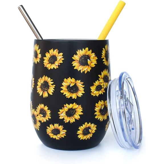 Stainless Steel Tumbler with Lid and Straws, Vacuum Insulated Cup 12 oz, Double Wall Travel Coffee Mug, Sunflower Print Gifts